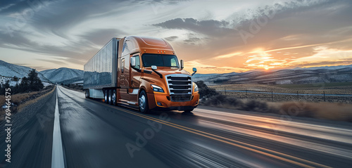 Orange semi truck on road. Generative AI.