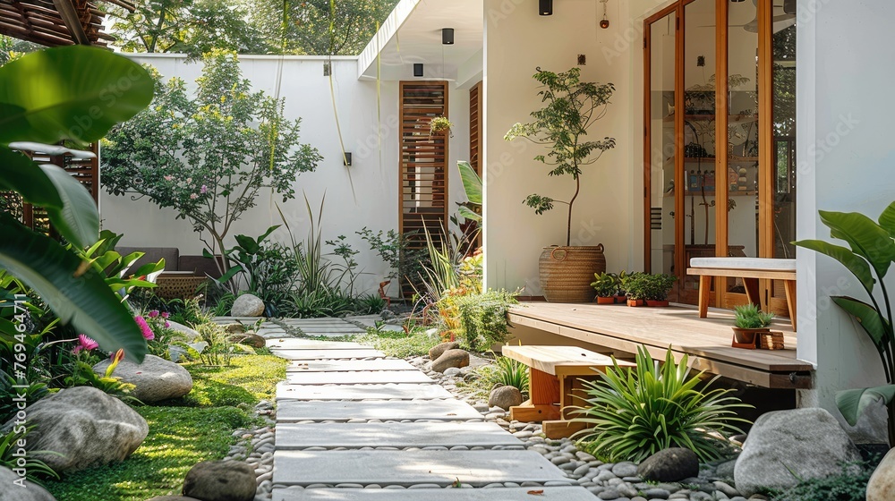 Fototapeta premium Minimal modern bungalow front garden with white walls and wooden furniture, plants and small trees in the corner of the house. Generative AI.