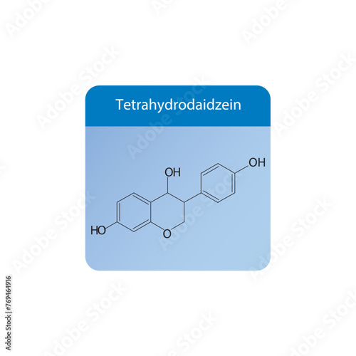 Tetrahydrodaidzein skeletal structure diagram.Isoflavanone compound molecule scientific illustration on blue background. photo