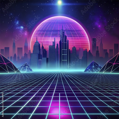 Futuristic cyber landscape with planet and neon lights. 3d rendering Futuristic city background with planet and neon lights. Vector illustration.