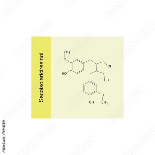 Secoisolariciresinol skeletal structure diagram.lignan compound molecule scientific illustration on yellow background. photo