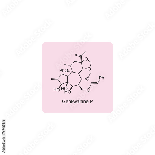 Genkwanine P skeletal structure diagram.Diterpenoid compound molecule scientific illustration on pink background. photo