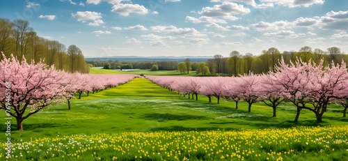 Beautiful spring landscape with blooming rose trees