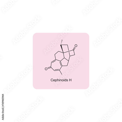 Cephinoids H skeletal structure diagram.Diterpenoid compound molecule scientific illustration on pink background. photo