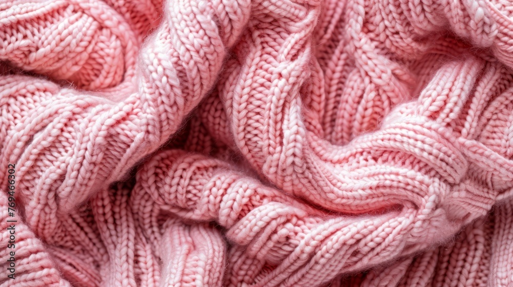 Detailed view of a cozy and warm pink knitted blanket, background, wallpaper