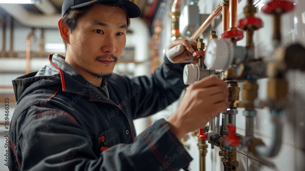 Asian repairman installing gas valves in a newly renovated kitchen. Generative AI.