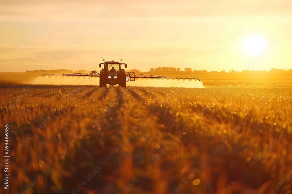 Fototapeta premium A tractor sprays pesticides in a cornfield at sunset creating a picturesque agricultural scene. Concept Agriculture, Pesticides, Tractor, Cornfield, Sunset