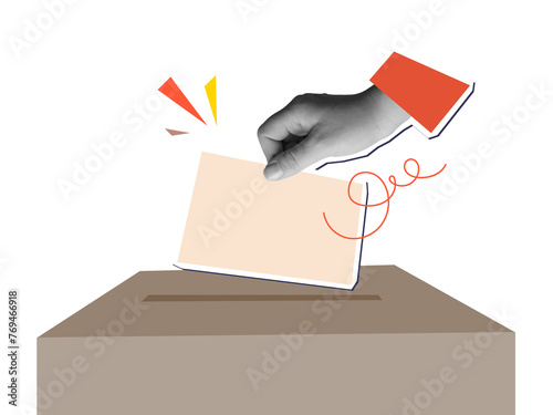 Hand putting a form in a ballot box. Illustration on transparent background in a modern collage style