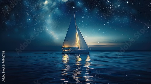 Sailing yacht at night, white sail, calm sea, bright stars. Generative AI.
