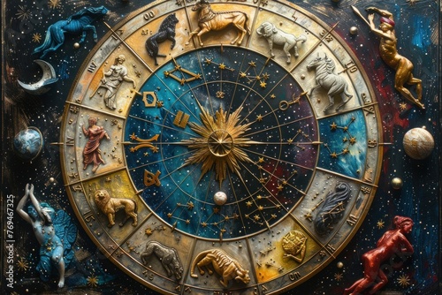 Intricate Zodiac Wheel Featuring Elaborate Designs and Radiant Center