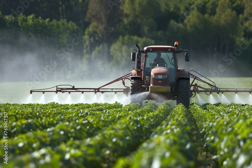 A tractor applying pesticides and fertilizers in a soybean field. Concept Agricultural Machinery, Crop Spraying, Soybean Farming, Pesticide Application, Fertilizer Spreading photo