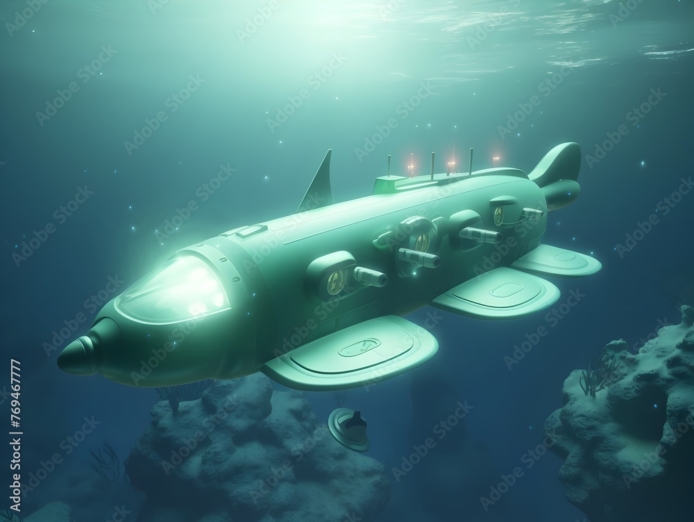 Fototapeta premium Futuristic Submersible Craft Navigating Luminous Underwater Realm Illuminated by Glowing Moons in Sci-Fi Inspired Landscape
