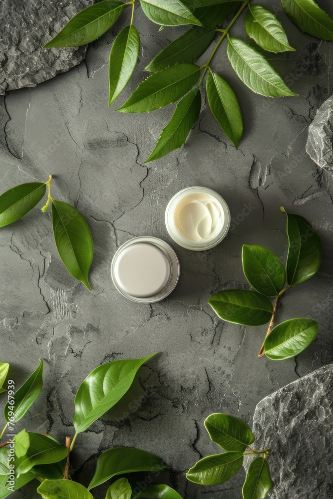Cosmetic branding, packaging and make-up concept - Luxury face cream moisturizer jarle and green leaves background, organic skincare cosmetics product for luxury beauty brand - obrazy, fototapety, plakaty 