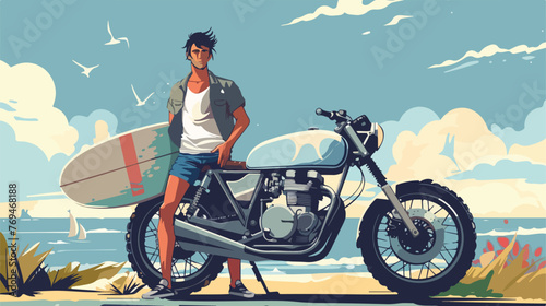 Young man with surf table and vintage motorcycle ve