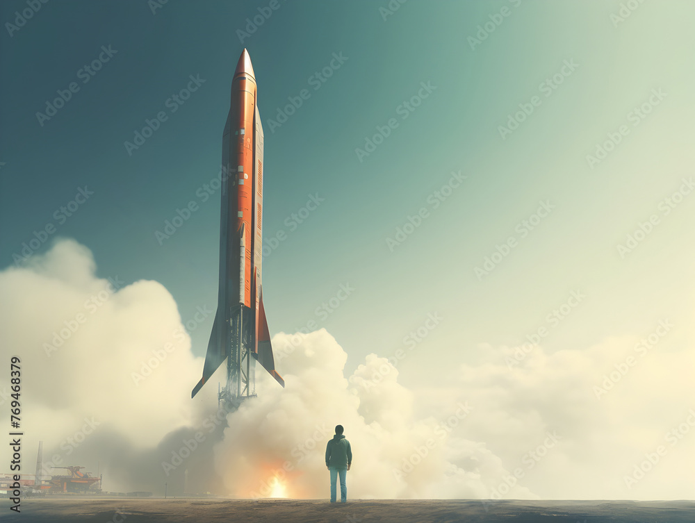 Lone figure observes the launch of a powerful rocket into the dramatic,futuristic sky filled with clouds and a sense of technological wonder and