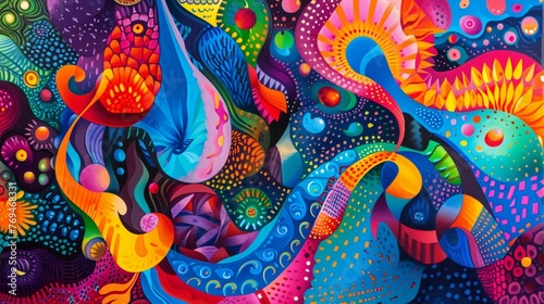 A kaleidoscopic explosion of colors and shapes  swirling and dancing in an intricate dance of light and shadow.