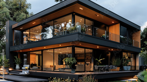 Modern house with black exterior, glass windows and wooden accents. The design includes two floors, an open terrace on the first floor. Generative AI.