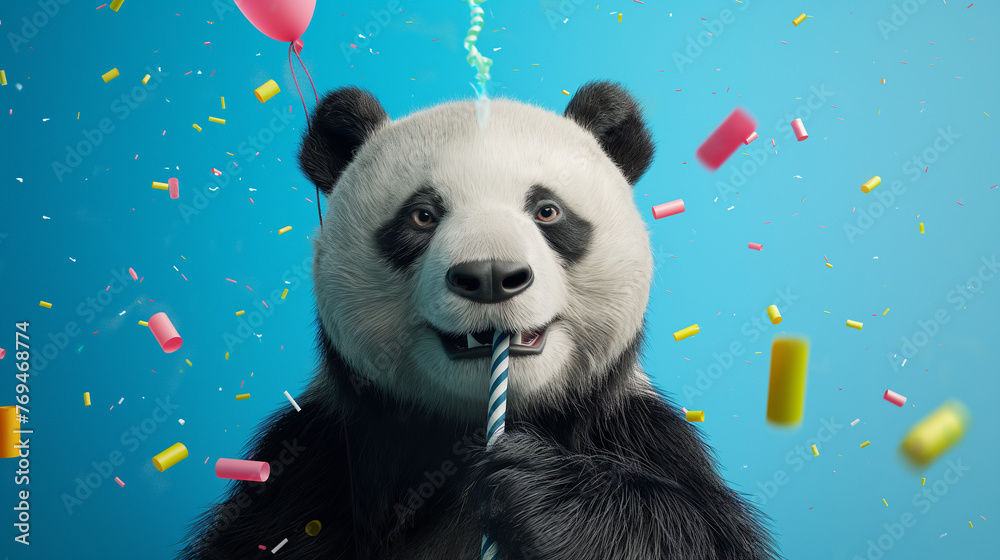Pandabär 3d comic macht Party Vorlage isoliert einfarbiger Hintergrund Karte Generative AI - obrazy, fototapety, plakaty 