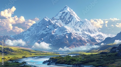 A majestic snow-capped mountain towering above a tranquil alpine valley  with a winding river flowing through the pristine landscape.