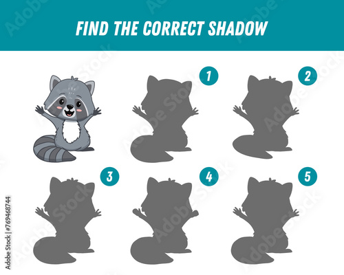 Find correct shadow of cute raccoon. Educational logical game for kids. Cartoon racoon.