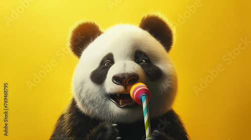Pandabär 3d comic macht Party Vorlage isoliert einfarbiger Hintergrund Karte Generative AI photo