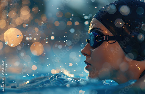 Candid photo of a female swimmer in a freestyle swimming position, side view, wearing a black cap and goggles, closeup shot on a blue water background with splashes