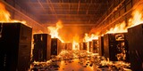The server room is engulfed in flames, threatening to destroy the advanced supercomputer technology housed within the data center.