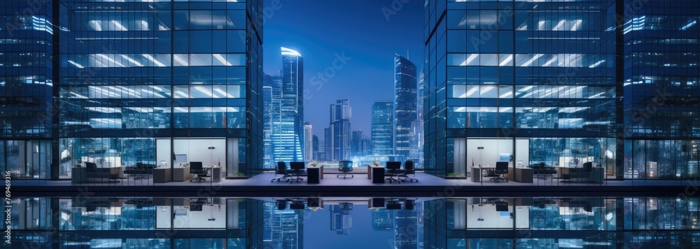 In the heart of the city, skyscrapers rise tall, reflecting the dynamic energy of business and commerce in their gleaming glass facades.