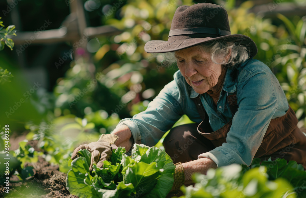 a happy senior woman working in the garden, wearing gardening gloves and a hat, growing lettuce and other vegetables on a sunny day