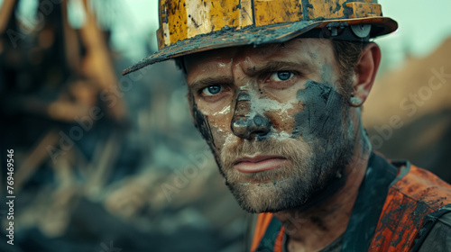 close up of dirty factory worker wearing safety hat looking at camera photo