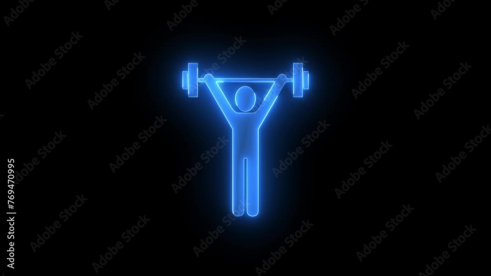 Weightlifter exercise icon glowing neon blue color animation black background Weightlifter exercise icon glowing neon blue color animation black background