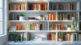 Shelves is filled with books with simple modern decoration and display. Generative AI.
