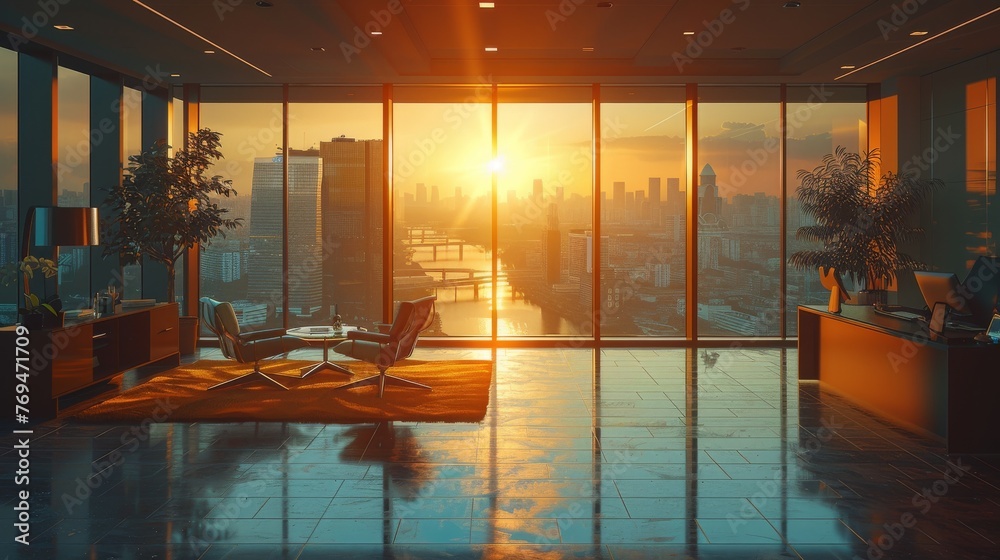 Fototapeta premium Minimalist Modern Office Interior: An aesthetically pleasing shot of a minimalist and sleek office interior, showcasing contemporary design and functionality.