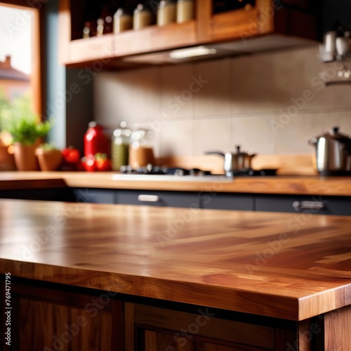 Wooden counter top in modern luxury kitchen, blank backdrop for product mockup