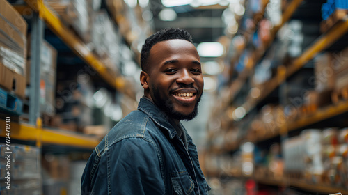 In hardware warehouse, a man smiles and looking at camera, blur effect in the background