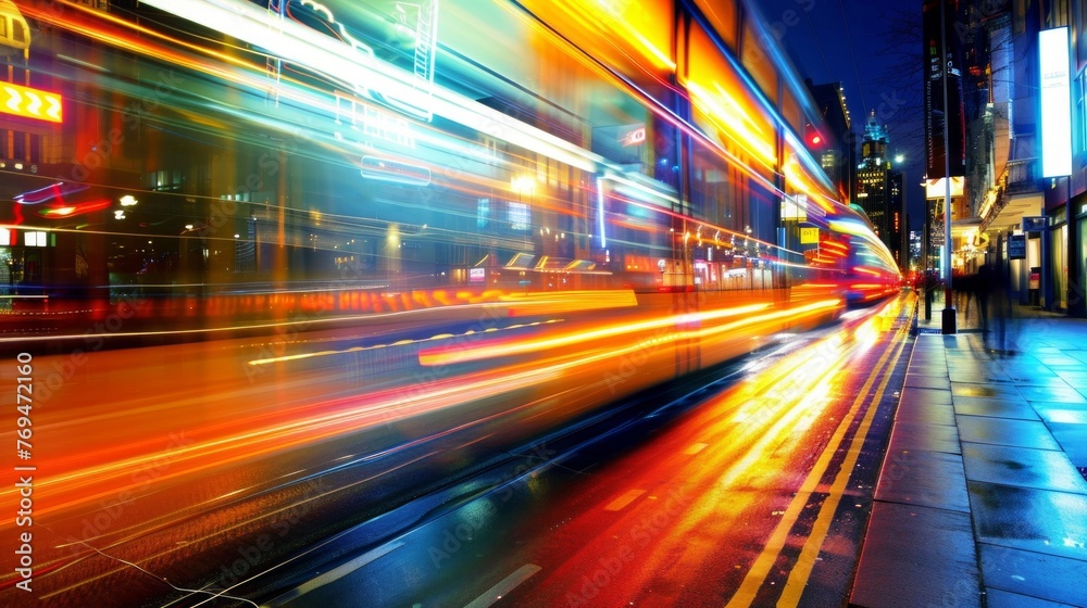 A long exposure shot capturing the vibrant city lights on a bustling street at night, creating a blurred effect