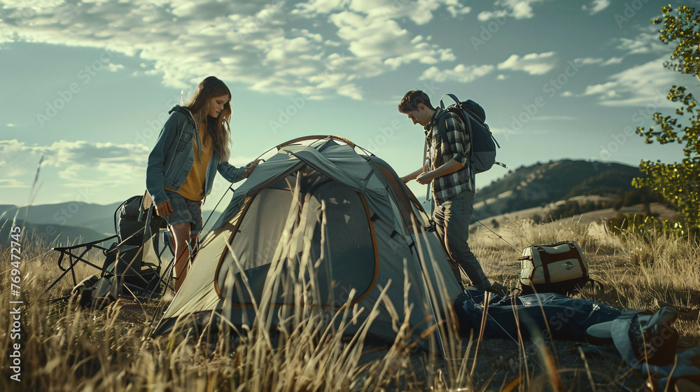 Obraz premium campers pitch a tent