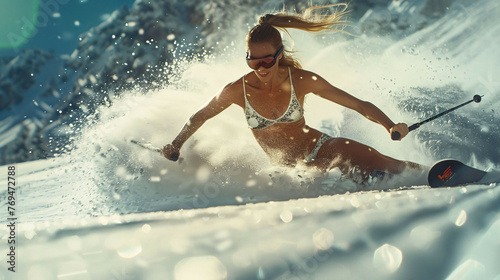 Fototapeta Naklejka Na Ścianę i Meble -  girl skiing down the mountain