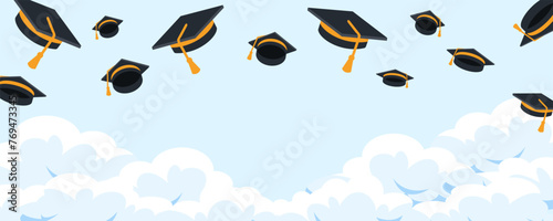 Black graduate caps on the sky. Congratulation graduates 2024 class of graduations background