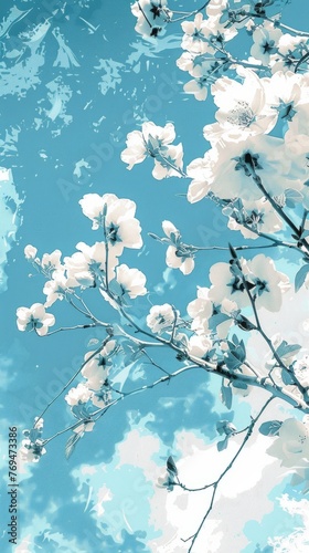 A tree with white flowers stands against a blue sky background in a spring scene