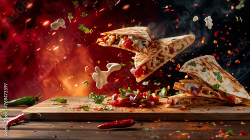 The fifth image showcases flying quesadilla slices with a burst of filling, against a dramatic fiery scene photo