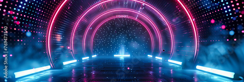 Neon Circles in a Futuristic Space, Abstract Glowing Lines on a Dark Background with Blue and Pink