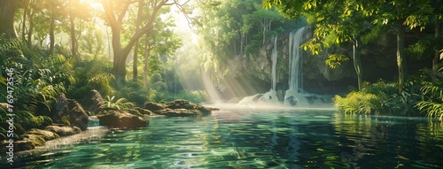 Aquatic Oasis A serene scene of a waterfall  surrounded by lush greenery and tropical trees  evoking a sense of tranquility and relaxation  perfect for a summer escape. Generative AI