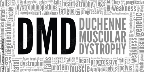 DMD Duchenne Muscular Dystrophy word cloud conceptual design isolated on white background.