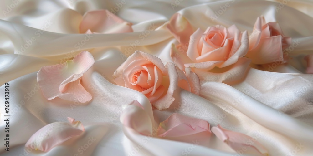 Delicate pink rose blooming on a white cloth with soft petals and subtle details