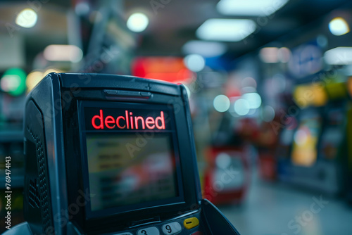Bank card payment terminal screen displaying the word Declined indicating a transaction failure for customer. Blurred retail store environment background. photo