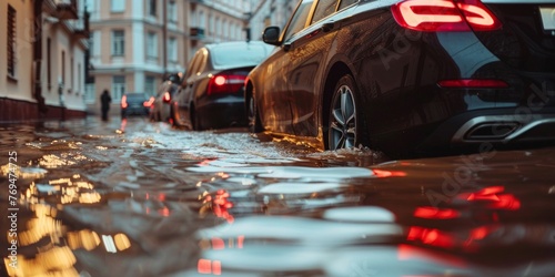 Two cars are parked on a city street filled with rainwater