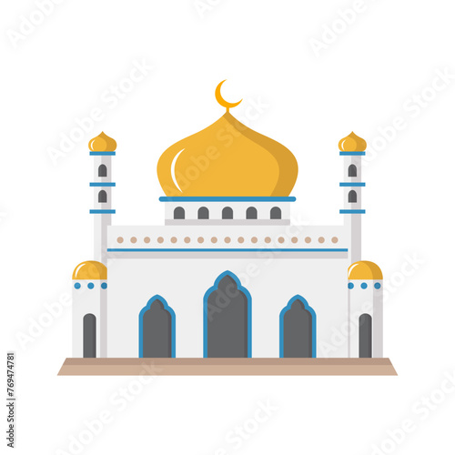 Vector cartoon flat islamic mosque. Ramadan muslim icon isolated on white background. Arabian mosque building with minarets. Eid Al-Fitr illustration. photo
