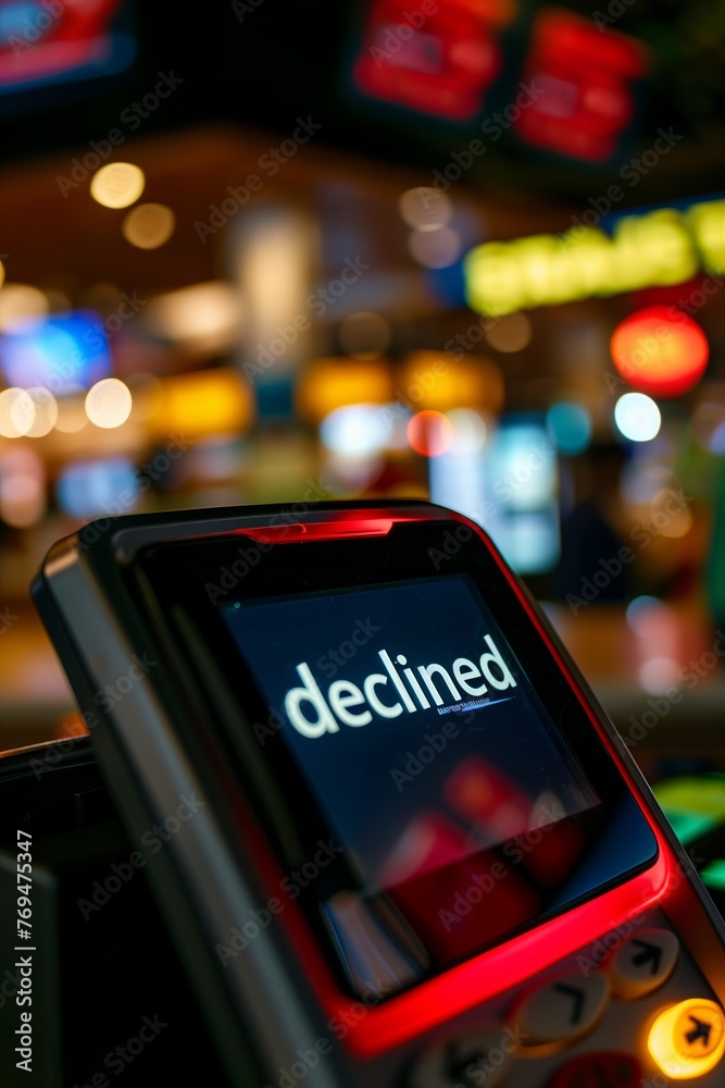 Bank card payment terminal screen displaying the word Declined indicating a transaction failure for customer. Blurred retail store environment background. Bank card payment terminal screen displaying the word Declined indicating a transaction failure for customer. Blurred retail store environment background.