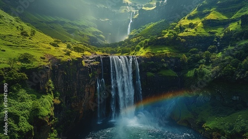 Mountain with rainbow  waterfall. Generative AI.